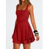 imageTrendy Queen Womens Square Neck Summer Party Flowy Ruffle Hem Ruched Waist Mini DressRed