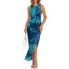 imageTrendy Queen Bodycon Maxi Dress Womens Sleeveless Floral Print Fitted Party Club Ruched Dresses with Side SlitBlue