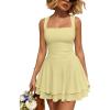 imageTrendy Queen Womens Square Neck Summer Party Flowy Ruffle Hem Ruched Waist Mini DressButter Yellow