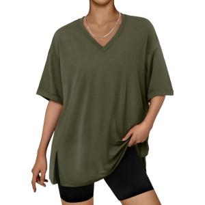 imageTrendy Queen Plus Size Oversized VNeck Tshirt Breathable Elastic Fabric Tunic for Workout Gym Casual Homing WearArmy Green
