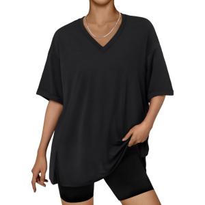 imageTrendy Queen Plus Size Oversized VNeck Tshirt Breathable Elastic Fabric Tunic for Workout Gym Casual Homing WearBlack