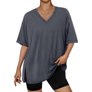 imageTrendy Queen Plus Size Oversized VNeck Tshirt Breathable Elastic Fabric Tunic for Workout Gym Casual Homing WearBlack Grey