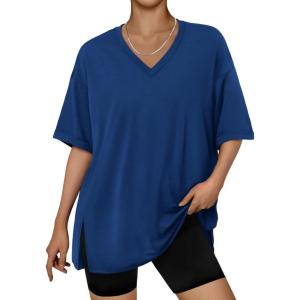 imageTrendy Queen Plus Size Oversized VNeck Tshirt Breathable Elastic Fabric Tunic for Workout Gym Casual Homing WearBlue