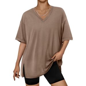 imageTrendy Queen Plus Size Oversized VNeck Tshirt Breathable Elastic Fabric Tunic for Workout Gym Casual Homing WearBrown