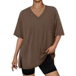 imageTrendy Queen Plus Size Oversized VNeck Tshirt Breathable Elastic Fabric Tunic for Workout Gym Casual Homing WearCoffee Brown