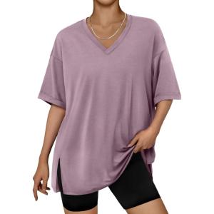 imageTrendy Queen Plus Size Oversized VNeck Tshirt Breathable Elastic Fabric Tunic for Workout Gym Casual Homing WearDark Pink