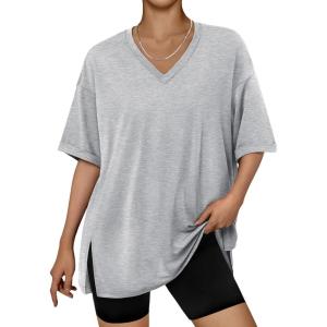 imageTrendy Queen Plus Size Oversized VNeck Tshirt Breathable Elastic Fabric Tunic for Workout Gym Casual Homing WearGrey