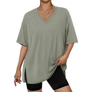 imageTrendy Queen Plus Size Oversized VNeck Tshirt Breathable Elastic Fabric Tunic for Workout Gym Casual Homing WearGrey Green
