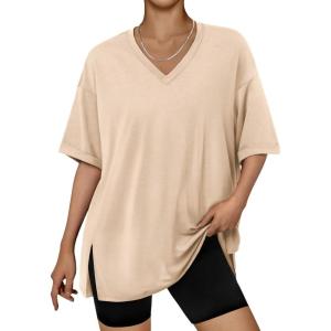 imageTrendy Queen Plus Size Oversized VNeck Tshirt Breathable Elastic Fabric Tunic for Workout Gym Casual Homing WearLight Khaki