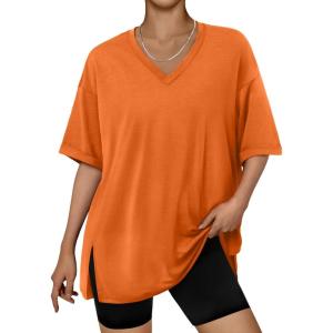 imageTrendy Queen Plus Size Oversized VNeck Tshirt Breathable Elastic Fabric Tunic for Workout Gym Casual Homing WearOrange