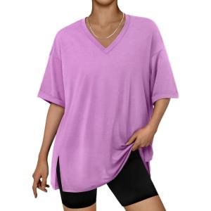 imageTrendy Queen Plus Size Oversized VNeck Tshirt Breathable Elastic Fabric Tunic for Workout Gym Casual Homing WearPurple