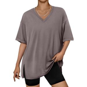 imageTrendy Queen Plus Size Oversized VNeck Tshirt Breathable Elastic Fabric Tunic for Workout Gym Casual Homing WearTaupe