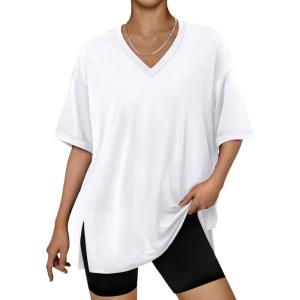 imageTrendy Queen Plus Size Oversized VNeck Tshirt Breathable Elastic Fabric Tunic for Workout Gym Casual Homing WearWhite