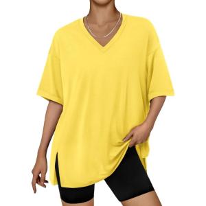 imageTrendy Queen Plus Size Oversized VNeck Tshirt Breathable Elastic Fabric Tunic for Workout Gym Casual Homing WearYellow