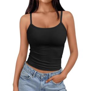 imageTrendy Queen Spaghetti Strap Crop Tank Tops for Women Cute Summer Camisoles for Teens Fitted Basic Layering Cami UndershirtsBlack