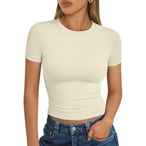 imageTrendy Queen Womens Short Sleeve T Shirts  Buttery Soft Summer Crop Tops Slim Fit Y2k Basic Tees for WorkoutApricot