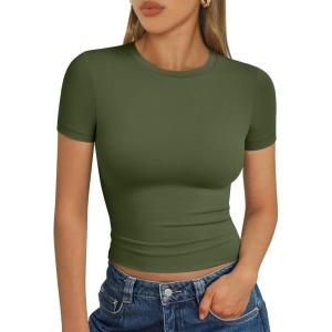 imageTrendy Queen Womens Short Sleeve T Shirts  Buttery Soft Summer Crop Tops Slim Fit Y2k Basic Tees for WorkoutArmy Green