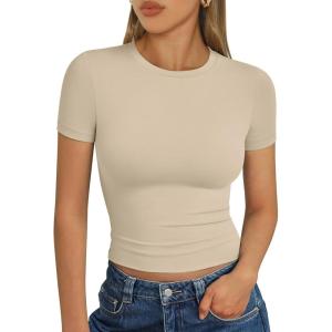 imageTrendy Queen Womens Short Sleeve T Shirts  Buttery Soft Summer Crop Tops Slim Fit Y2k Basic Tees for WorkoutBeige