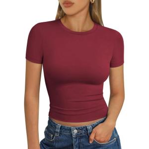 imageTrendy Queen Womens Short Sleeve T Shirts  Buttery Soft Summer Crop Tops Slim Fit Y2k Basic Tees for WorkoutBurgundy