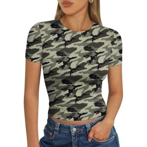 imageTrendy Queen Womens Short Sleeve T Shirts  Buttery Soft Summer Crop Tops Slim Fit Y2k Basic Tees for WorkoutCamo