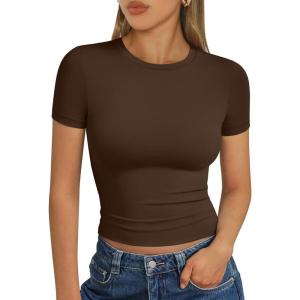 imageTrendy Queen Womens Short Sleeve T Shirts  Buttery Soft Summer Crop Tops Slim Fit Y2k Basic Tees for WorkoutChocolate