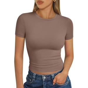 imageTrendy Queen Womens Short Sleeve T Shirts  Buttery Soft Summer Crop Tops Slim Fit Y2k Basic Tees for WorkoutCoffee Grey