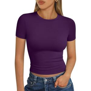 imageTrendy Queen Womens Short Sleeve T Shirts  Buttery Soft Summer Crop Tops Slim Fit Y2k Basic Tees for WorkoutDeep Purple