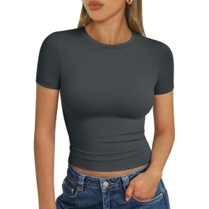 imageTrendy Queen Womens Short Sleeve T Shirts  Buttery Soft Summer Crop Tops Slim Fit Y2k Basic Tees for WorkoutGray