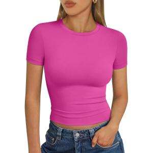 imageTrendy Queen Womens Short Sleeve T Shirts  Buttery Soft Summer Crop Tops Slim Fit Y2k Basic Tees for WorkoutHot Pink