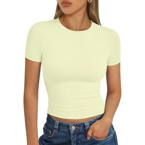 imageTrendy Queen Womens Short Sleeve T Shirts  Buttery Soft Summer Crop Tops Slim Fit Y2k Basic Tees for WorkoutLemon Yellow