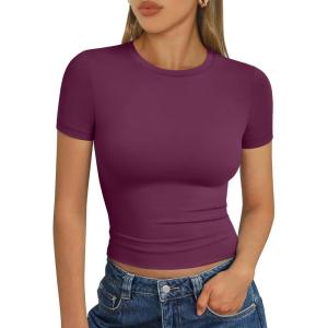 imageTrendy Queen Womens Short Sleeve T Shirts  Buttery Soft Summer Crop Tops Slim Fit Y2k Basic Tees for WorkoutMulberry