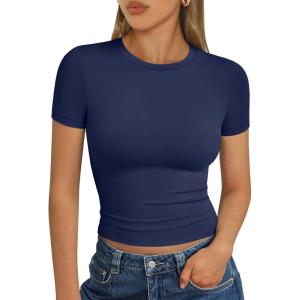 imageTrendy Queen Womens Short Sleeve T Shirts  Buttery Soft Summer Crop Tops Slim Fit Y2k Basic Tees for WorkoutNavy Blue