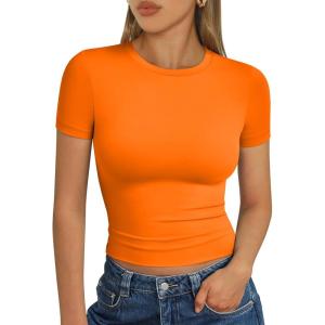 imageTrendy Queen Womens Short Sleeve T Shirts  Buttery Soft Summer Crop Tops Slim Fit Y2k Basic Tees for WorkoutOrange