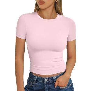 imageTrendy Queen Womens Short Sleeve T Shirts  Buttery Soft Summer Crop Tops Slim Fit Y2k Basic Tees for WorkoutPink