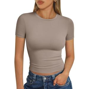 imageTrendy Queen Womens Short Sleeve T Shirts  Buttery Soft Summer Crop Tops Slim Fit Y2k Basic Tees for WorkoutTaupe