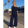 image:imageTrendy Queen Womens 2 Piece Lounge Sets Off Shoulder Oversized Tshirts amp Wide Leg Pants OutfitsNavy