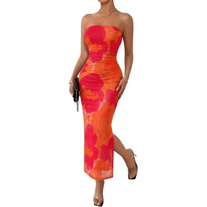 image:imageTrendy Queen Women Strapless Tube Dress Summer Beach Vacation Outfits Maxi Party Bodycon Dresses 2026 Wedding Guest ClothesPrint Orange