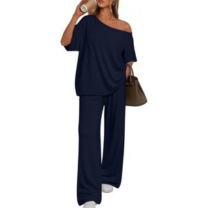 image:imageTrendy Queen Womens 2 Piece Lounge Sets Off Shoulder Oversized Tshirts amp Wide Leg Pants OutfitsNavy