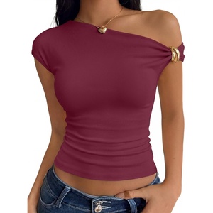 image:imageTrendy Queen Womens Off The Shoulder Tops Going Out Cap Sleeve Y2k Fashion Sexy Ruched Crop Shirts Cute Summer Blouses 2026Wine Red