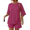 image:imageTrendy Queen 2 Piece Summer Set Oversized Top amp Loose Fit Shorts with PocketsStriped Berry Pink