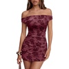 image:imageTrendy Queen Womens Off The Shoulder Floral Mini Dress Summer Party Bodycon Ruched Short DressesRed