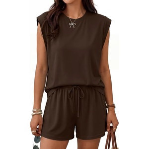 image:imageTrendy Queen 2 Piece Short Sets for Women Summer Matching Lounge Sets Cap Sleeve Tops amp Loose Fit Shorts with PocketsChocolate Brown