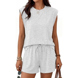 image:imageTrendy Queen 2 Piece Short Sets for Women Summer Matching Lounge Sets Cap Sleeve Tops amp Loose Fit Shorts with PocketsOatmeal Grey