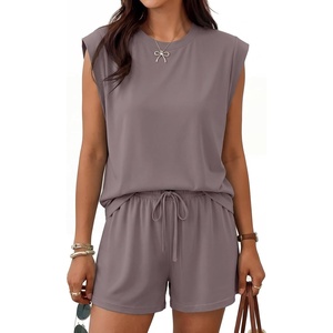 image:imageTrendy Queen 2 Piece Short Sets for Women Summer Matching Lounge Sets Cap Sleeve Tops amp Loose Fit Shorts with PocketsRose Taupe