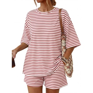 image:imageTrendy Queen 2 Piece Summer Set Oversized Top amp Loose Fit Shorts with PocketsStriped White Red